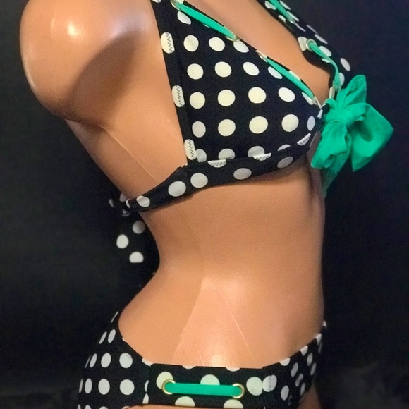 Betsey Johnson polka dot bikini at the hop vintage swimsuit black white aqua nwt - Picture 8 of 9